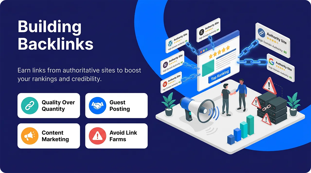 Backlink building illustration showing authority links, guest posting, content marketing, and link farm risks