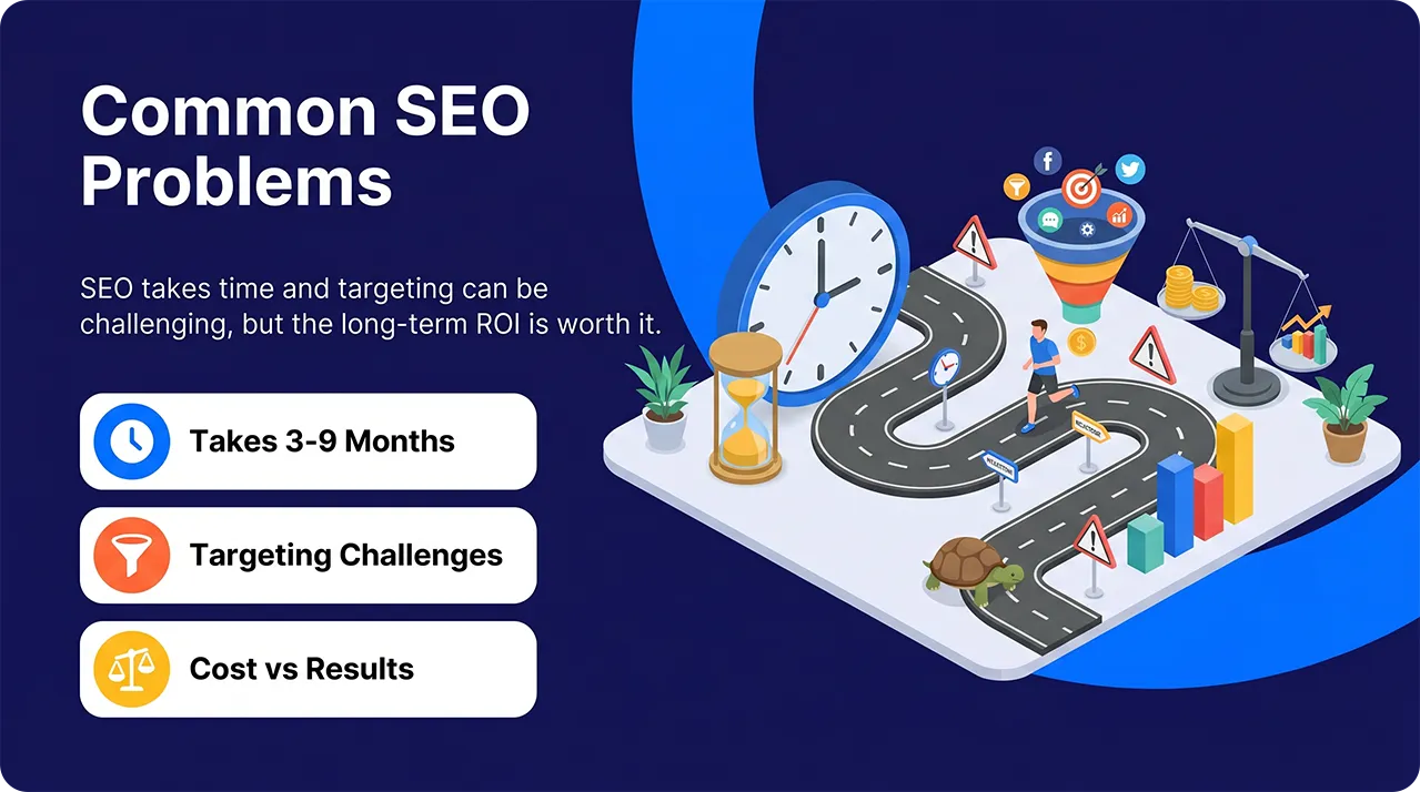 Common SEO problems illustration showing slow results, targeting challenges, and cost versus performance issues