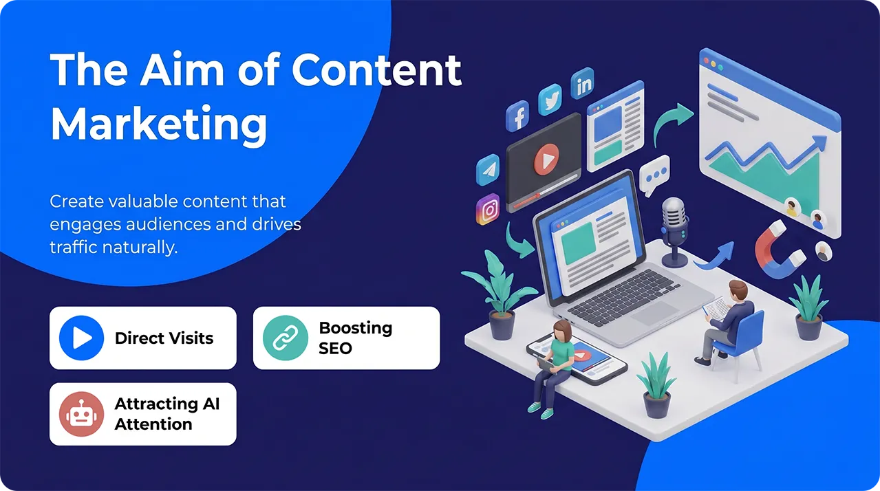 Content marketing strategy showing direct visits, SEO growth, and AI visibility