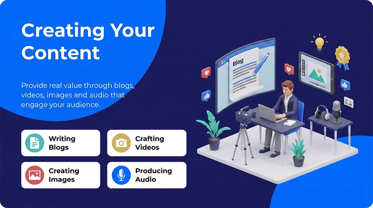 Creating content with blogs, videos, images, and audio for digital marketing