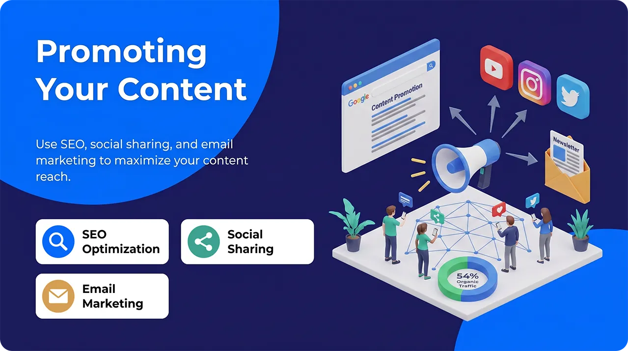 Promoting content through SEO, social media sharing, and email marketing