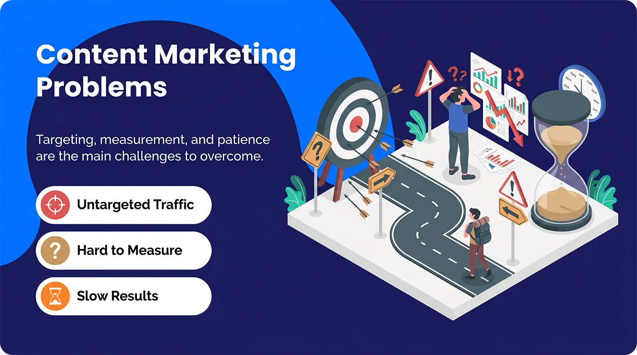 Common content marketing problems including untargeted traffic and slow results