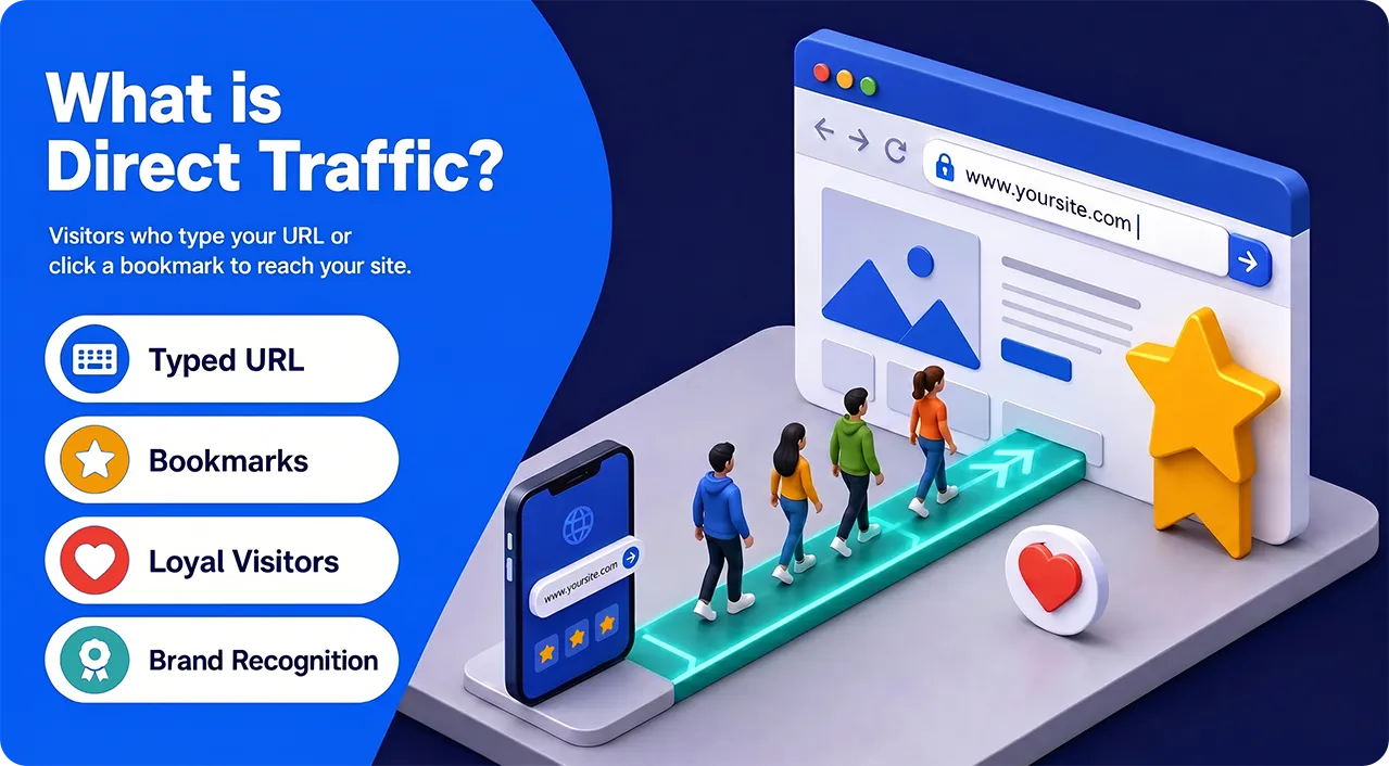 Direct traffic explained with visitors reaching a website by typing the URL, using bookmarks, or returning directly