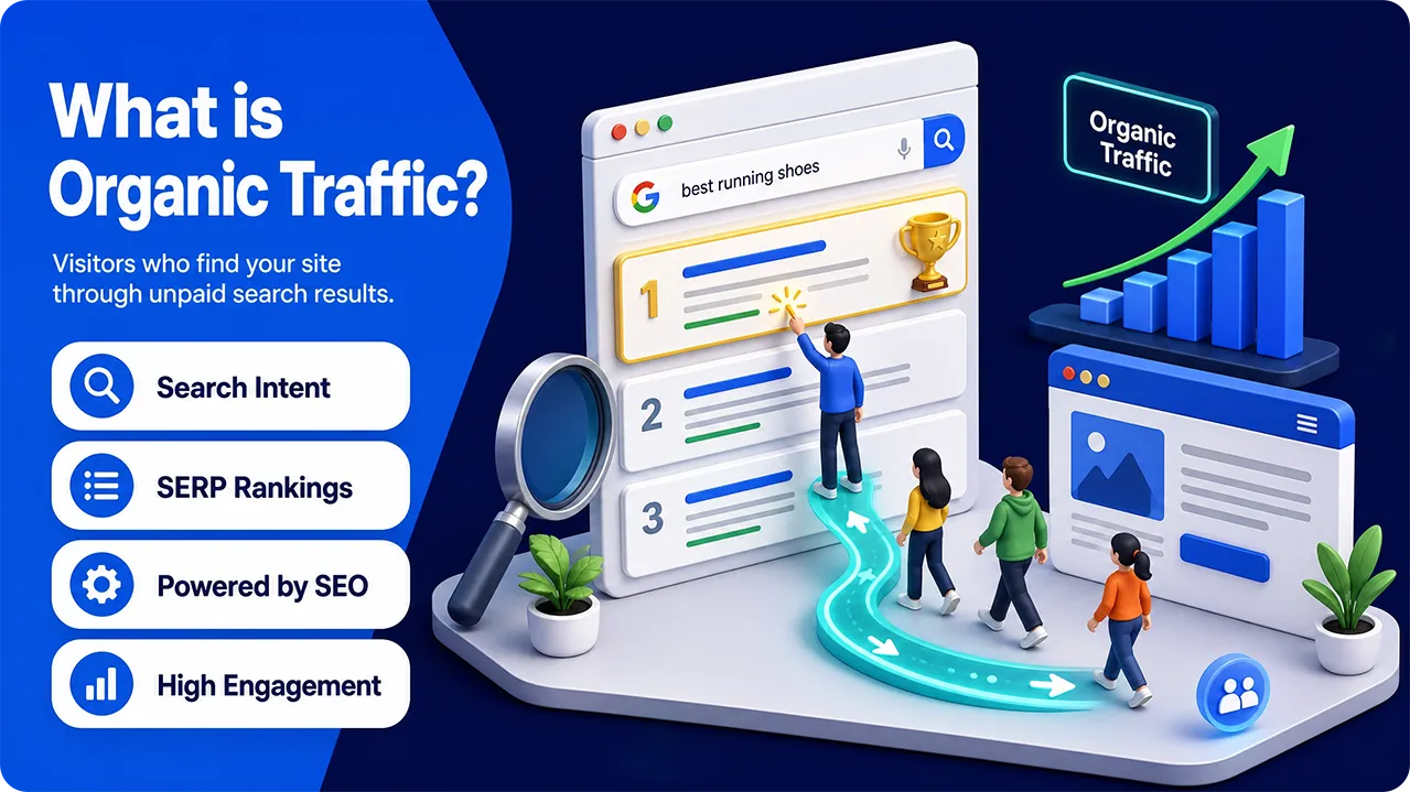 Organic traffic explained with users finding a website through unpaid Google search results and SEO rankings