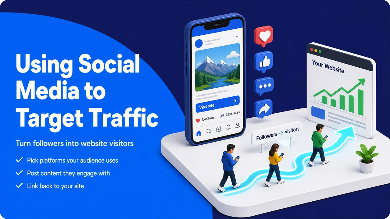 Illustration showing social media icons leading followers on phones to a website with increasing traffic graph.
