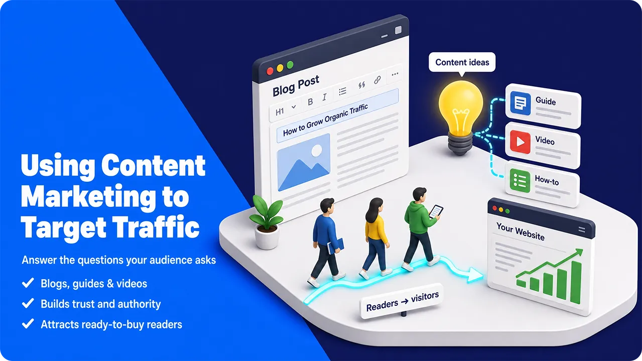 Illustration showing content marketing process from blog post ideas to website visitors growth.