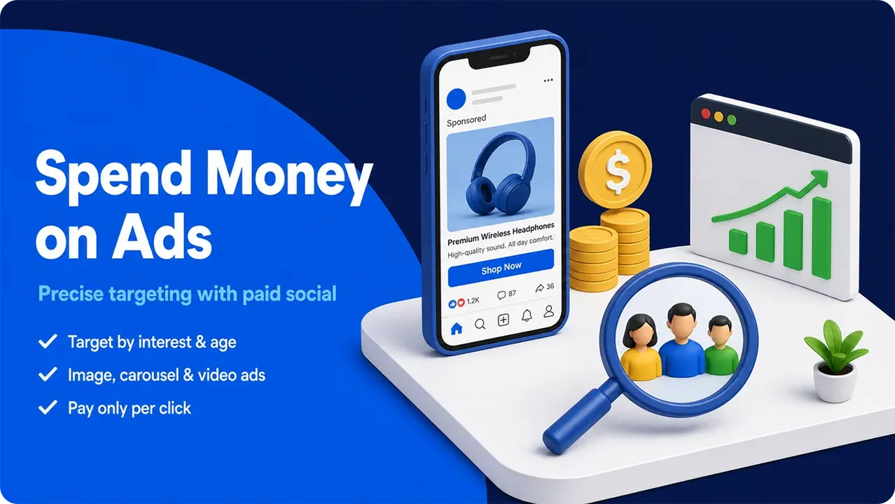 Graphic showing paid social ads with a phone, coins, growth chart, and magnifying glass on people icons.
