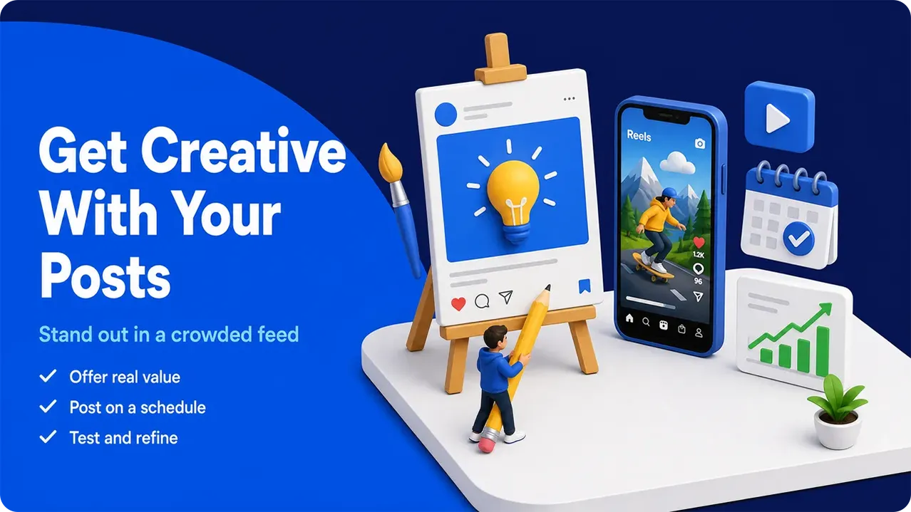 Text says Get Creative With Your Posts with tips and 3D icons of a lightbulb post, phone reel, calendar, and graph.