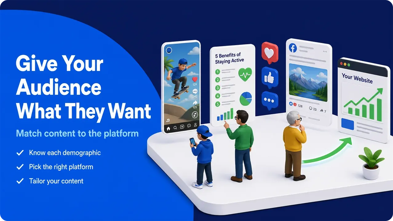 Illustration of people engaging with digital content on smartphones and websites, highlighting audience targeting tips.