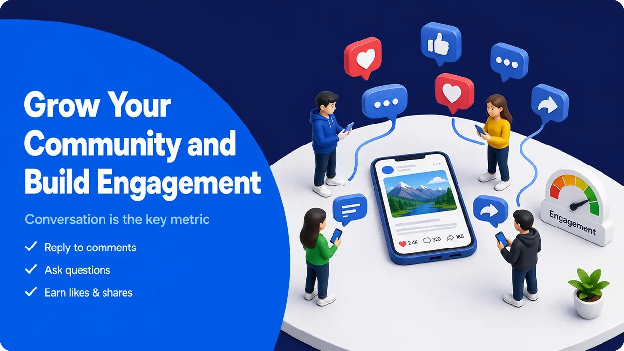 Four people with phones around a large smartphone showing likes, comments, and shares icons with an engagement meter.