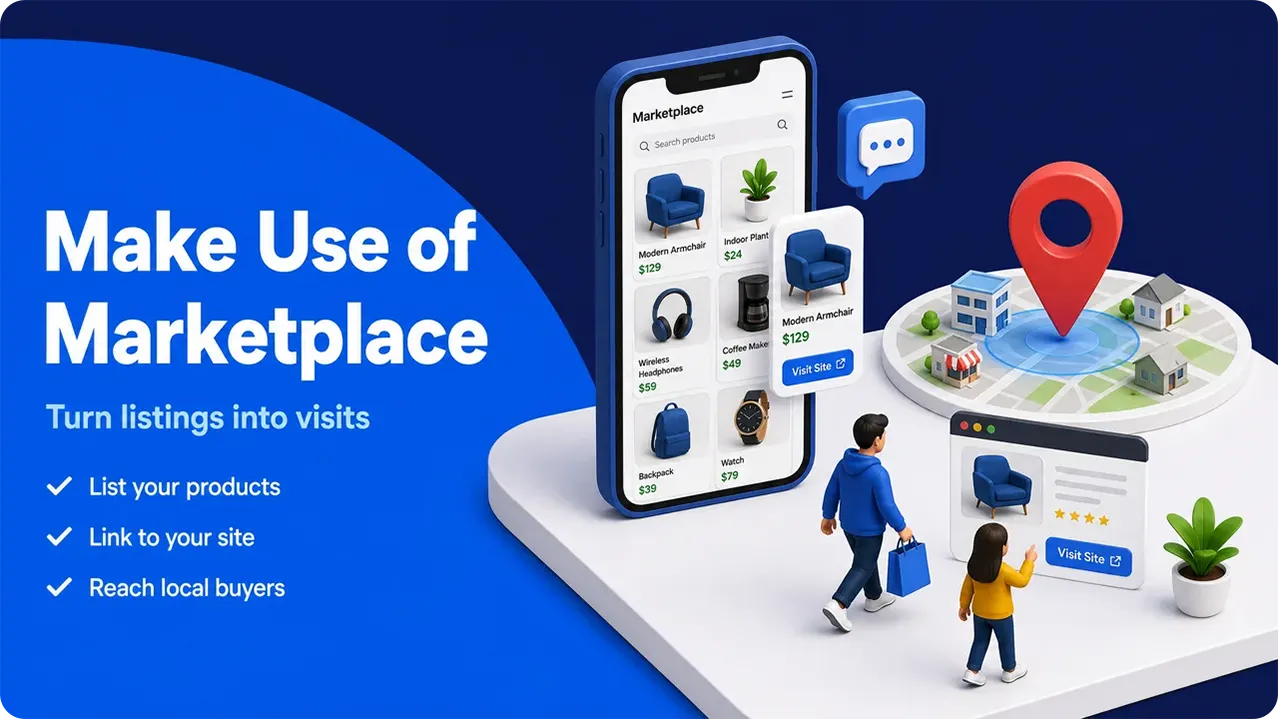 Illustration showing a marketplace app with product listings and local buyers near a location pin.
