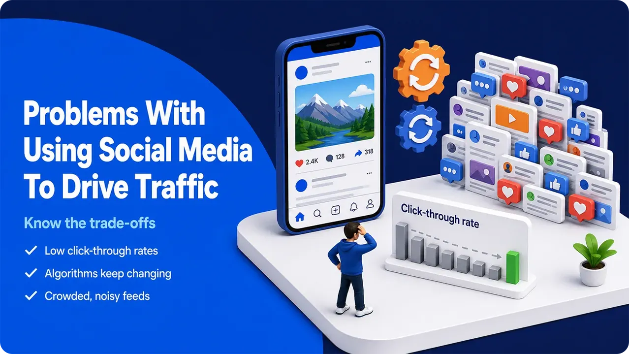 Illustration showing problems with social media traffic: low clicks, changing algorithms, and noisy feeds.