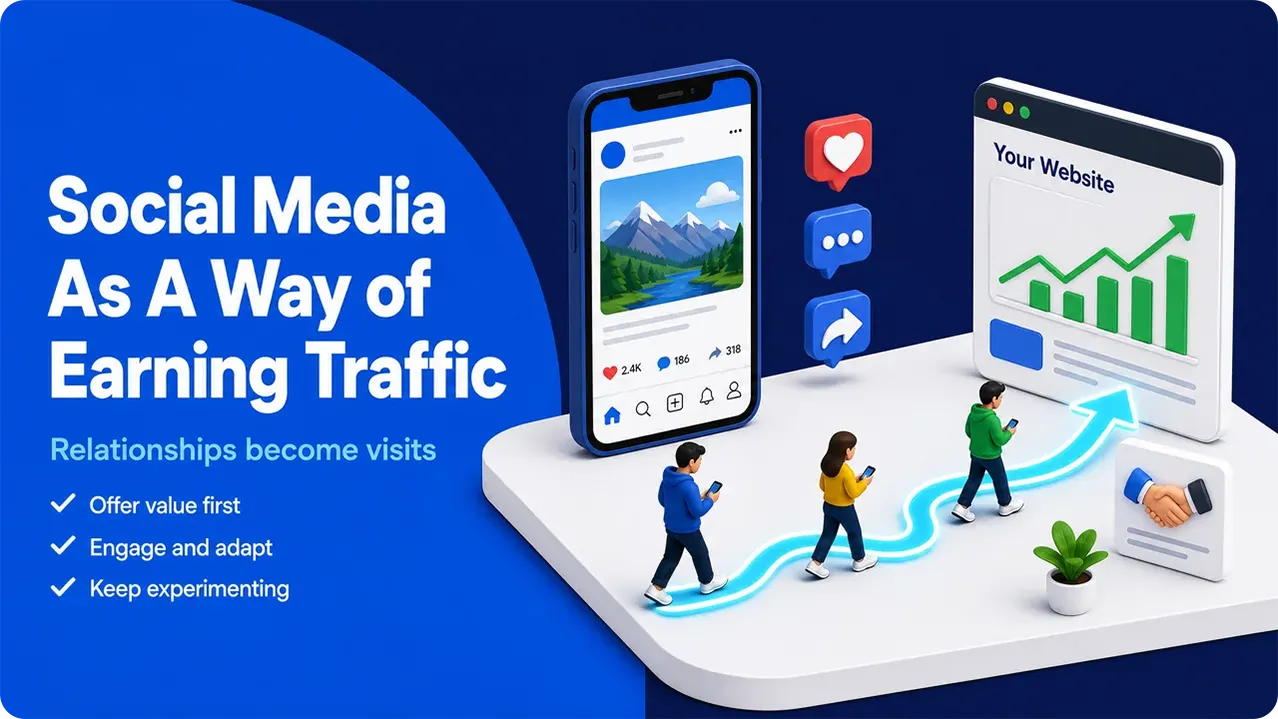 3D people follow a glowing path from social media on phone to website with rising traffic graph.