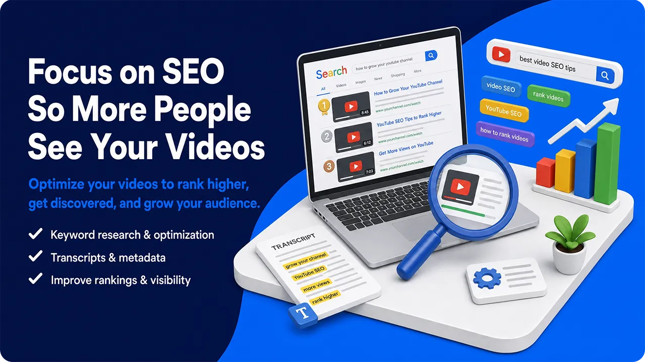 Video SEO strategy using keywords, transcripts, and metadata