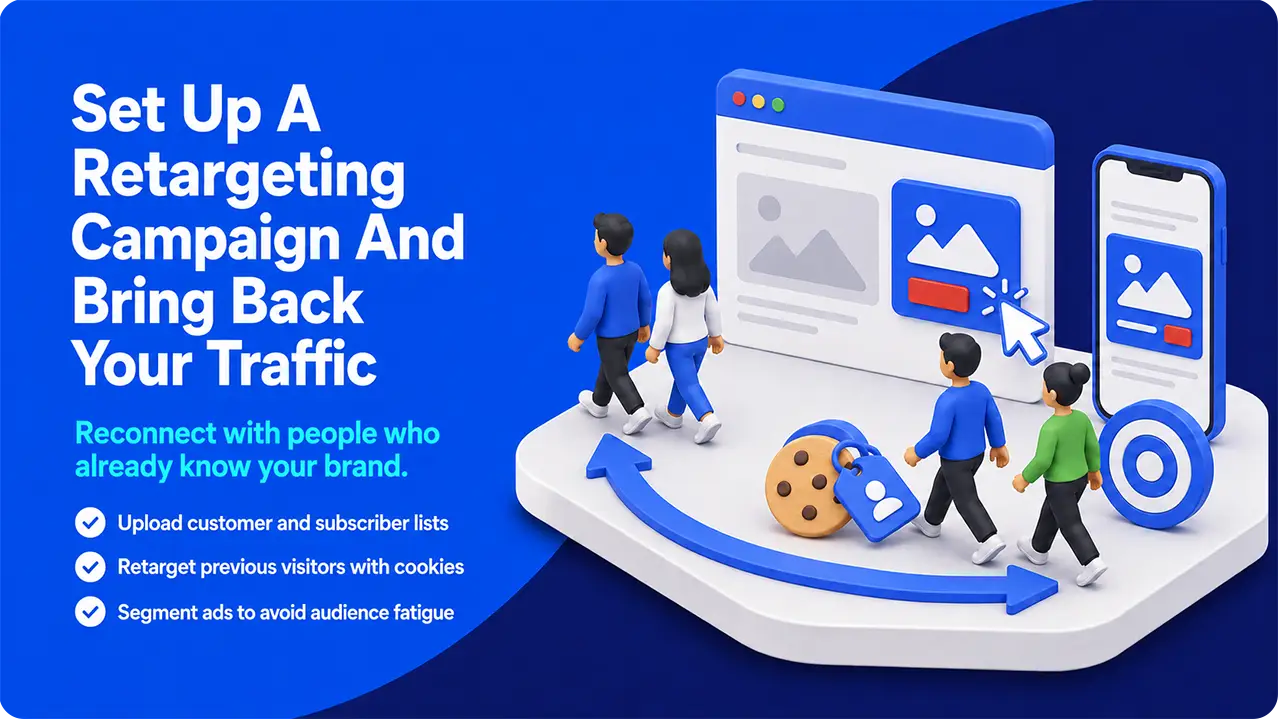 Retargeting campaign bringing previous website visitors back through ads, cookies, and audience lists