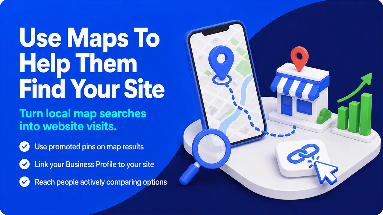 Promoted map pin guiding local searchers from a mobile map to a business website
