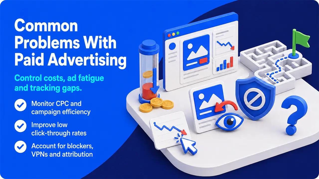 Paid advertising challenges including rising costs, low click-through rates, blockers, and attribution gaps