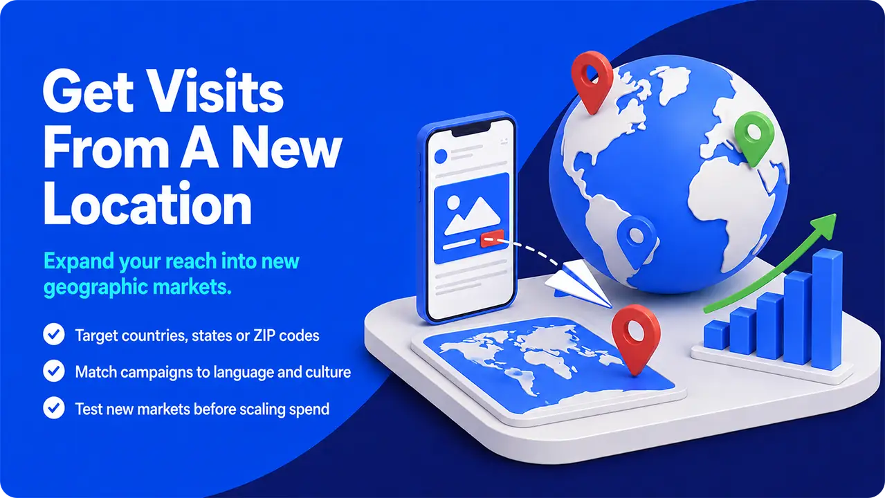 Geo-targeted paid ads reaching new markets through location pins, a world map, and a traffic chart