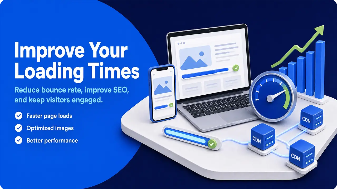 Website loading speed optimization with a speed gauge and traffic growth chart.