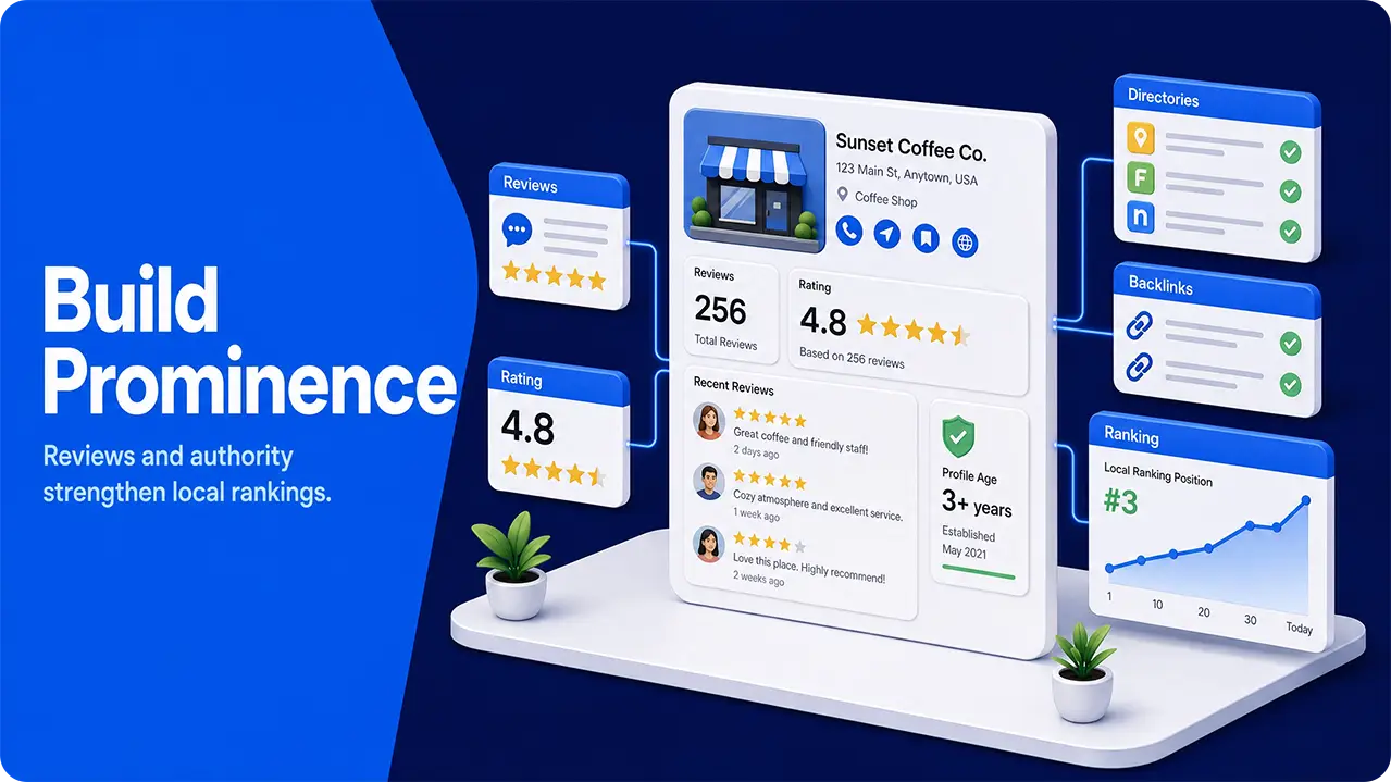 Reviews and backlinks building local business prominence