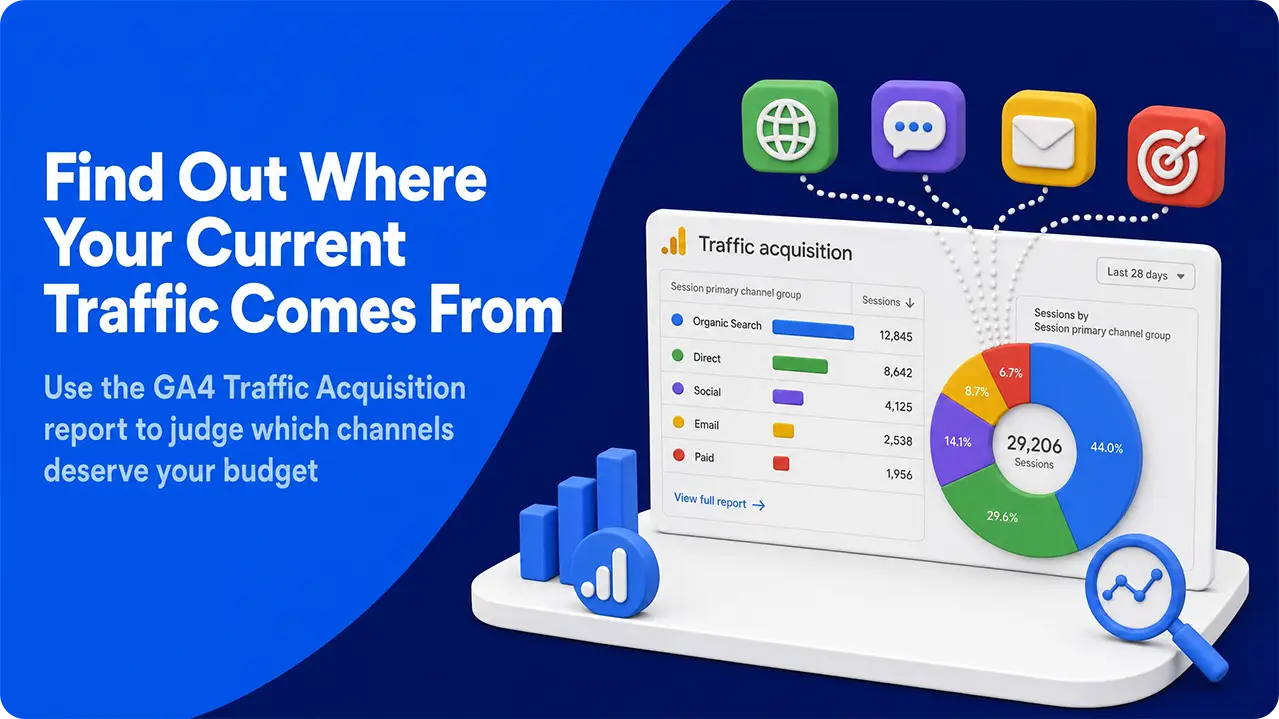 GA4 traffic acquisition report showing website traffic sources: organic search, direct, social, email and paid