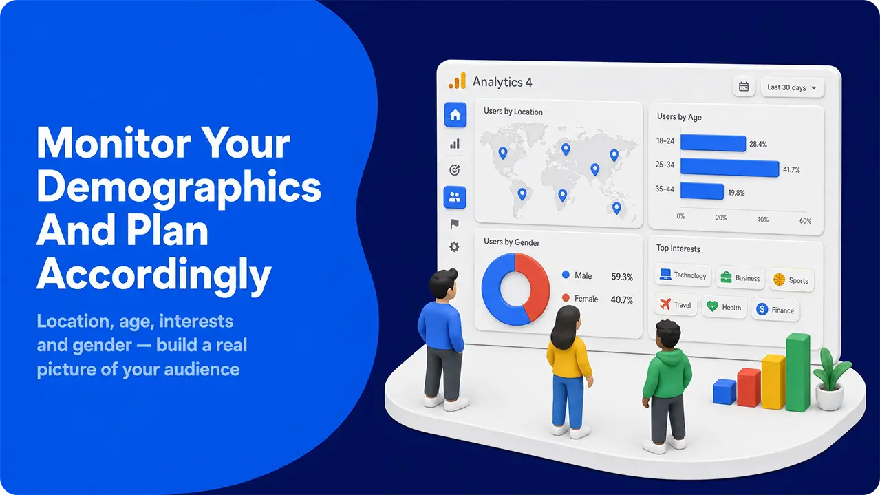 Google Analytics demographics dashboard with visitor location map, age ranges, gender and interests data