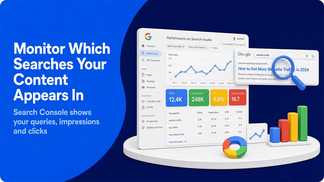 Google Search Console performance report with search queries, clicks, impressions and CTR metrics