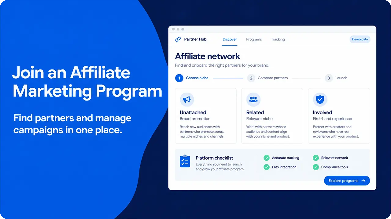 Affiliate network dashboard comparing unattached, related and involved partners with a platform checklist