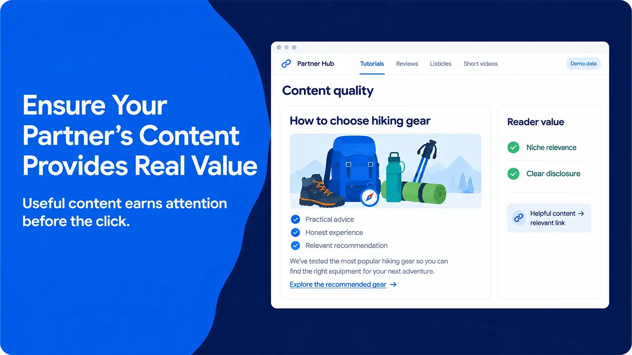 Content quality dashboard showing a hiking gear guide with a relevant affiliate link