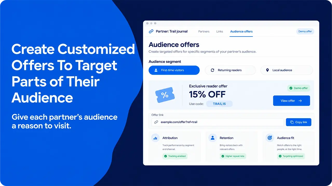 Affiliate offer builder with audience segments, an exclusive discount and a partner tracking link