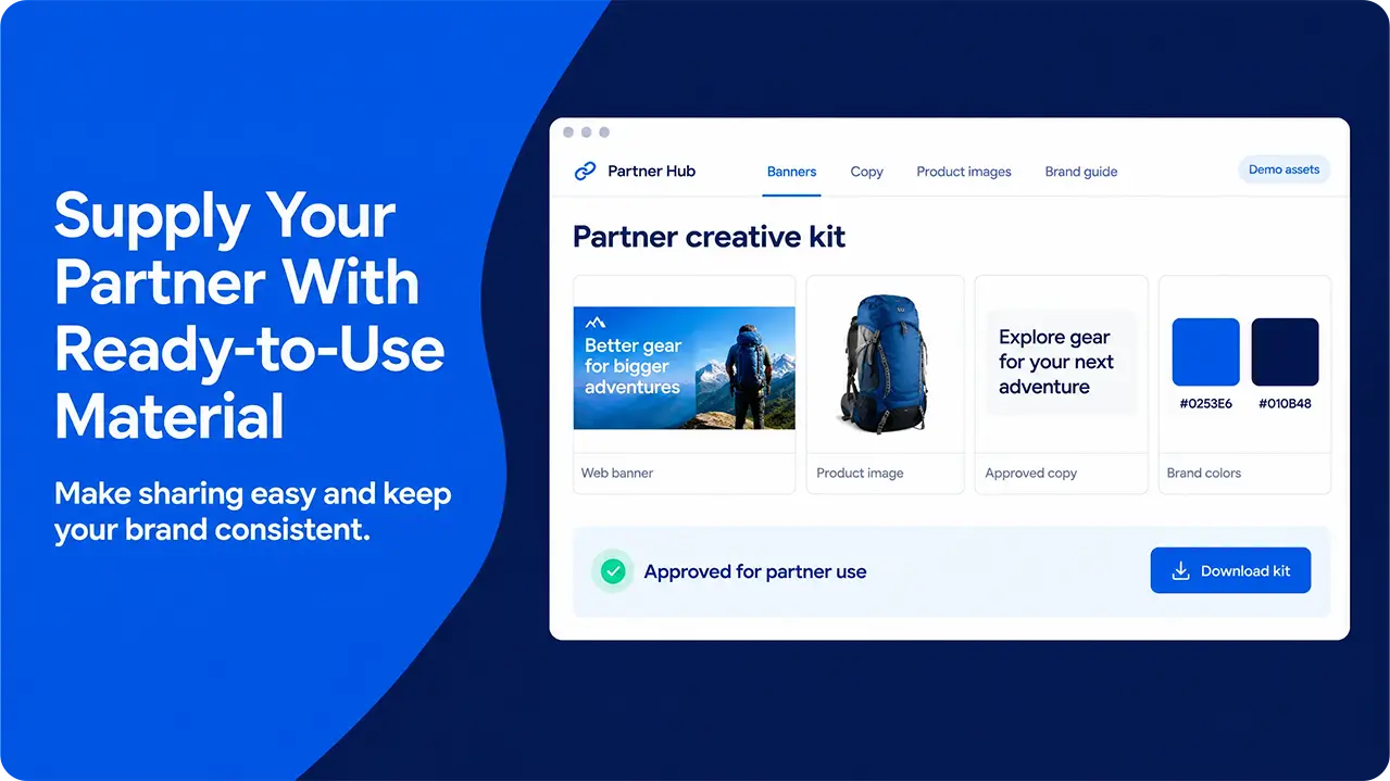 Affiliate creative kit with a promotional banner, backpack product image, approved copy and brand colors