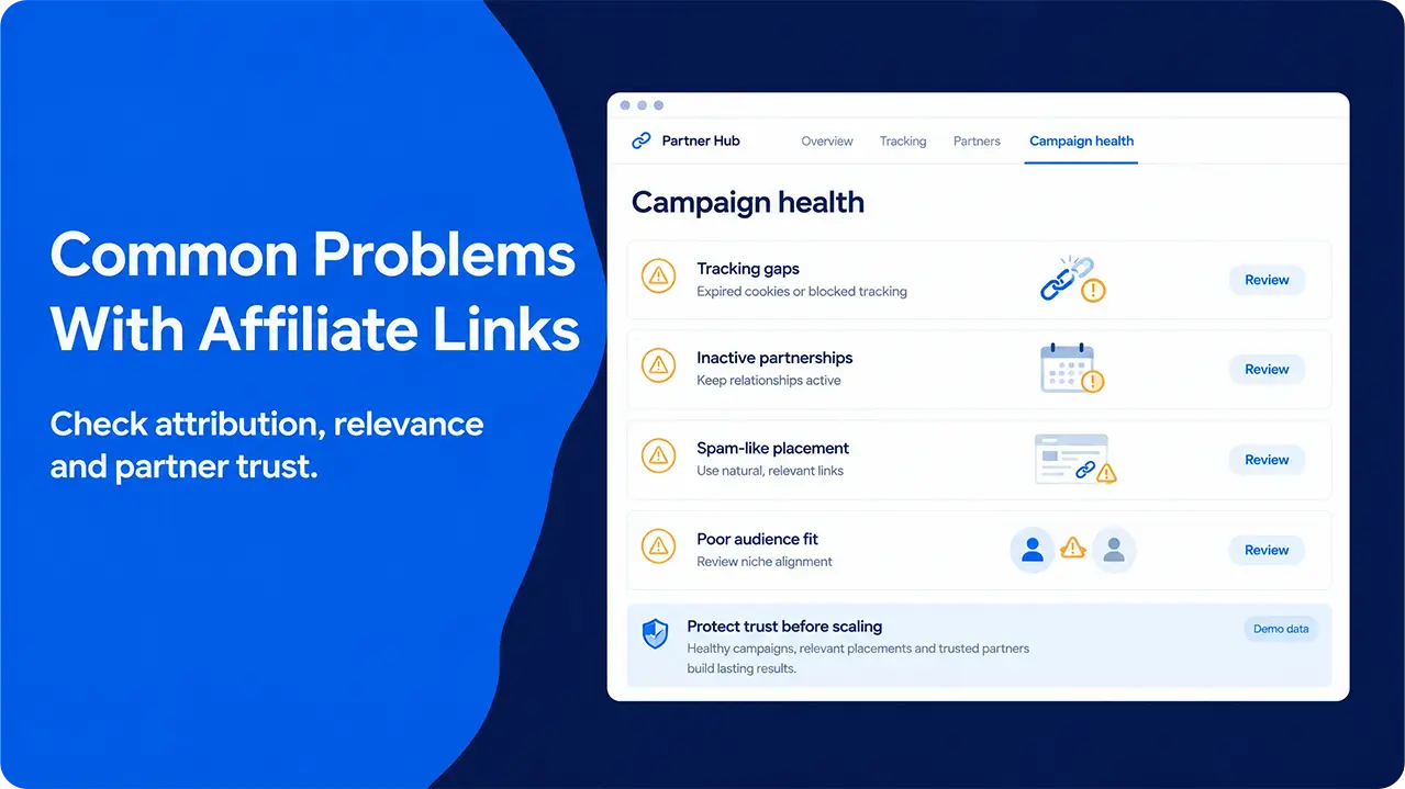 Affiliate campaign health dashboard highlighting tracking gaps, inactive partners, spam-like links and poor audience fit