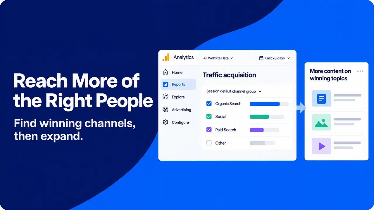 GA4 acquisition report showing website traffic sources and top-performing channels.