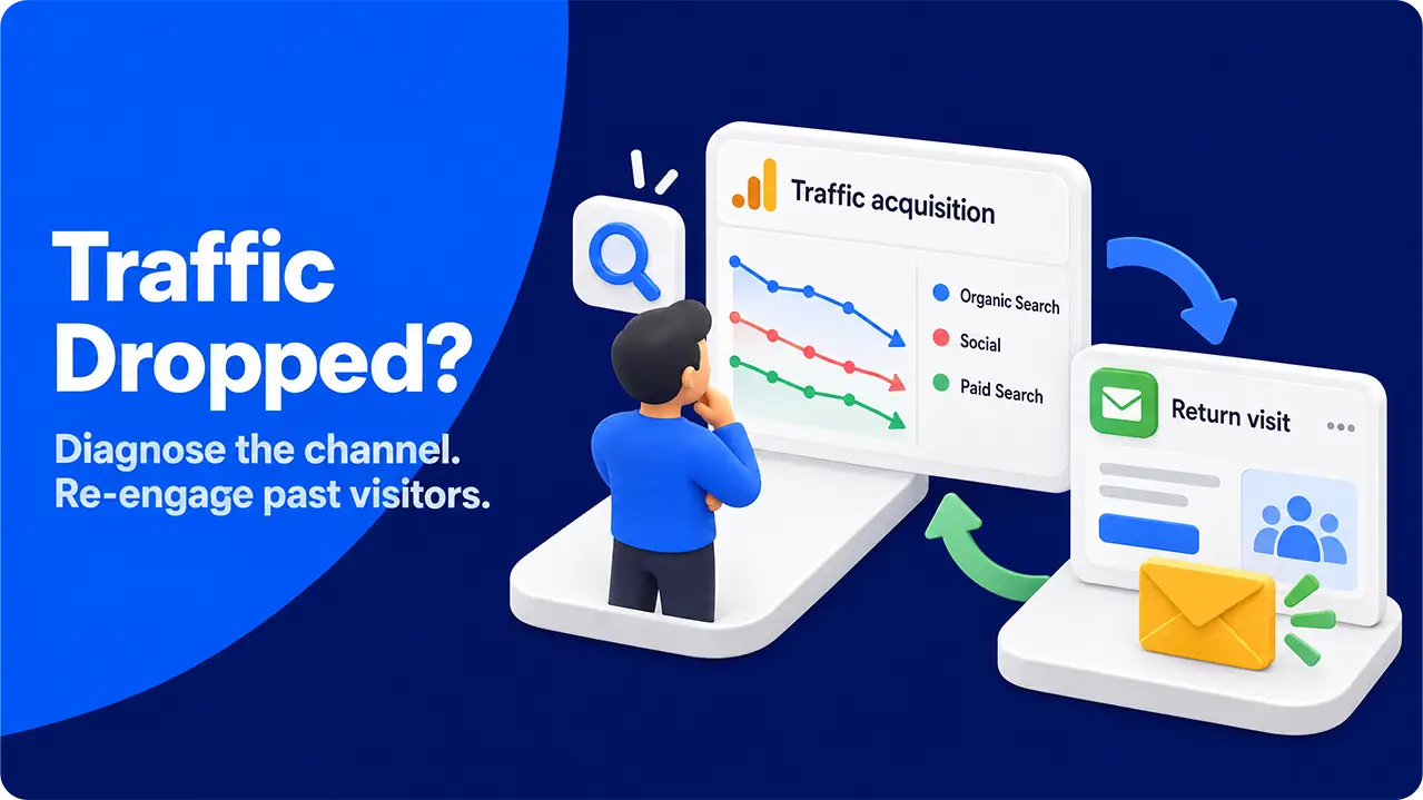 GA4 report showing declining traffic and an email campaign to bring visitors back.