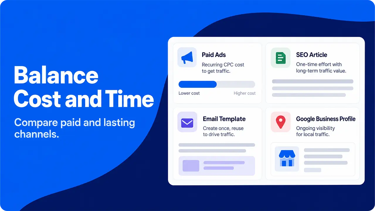 Marketing planner comparing paid ads, SEO content, email templates, and a local business profile.