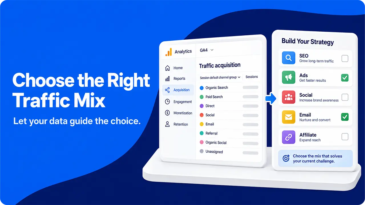 Traffic source data alongside a mix of acquisition channels.