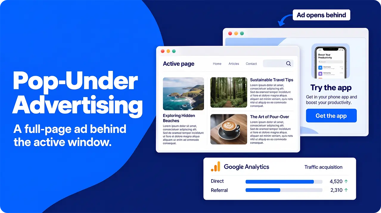 Pop-under advertising window behind an active browser page, with traffic attribution shown in Google Analytics.