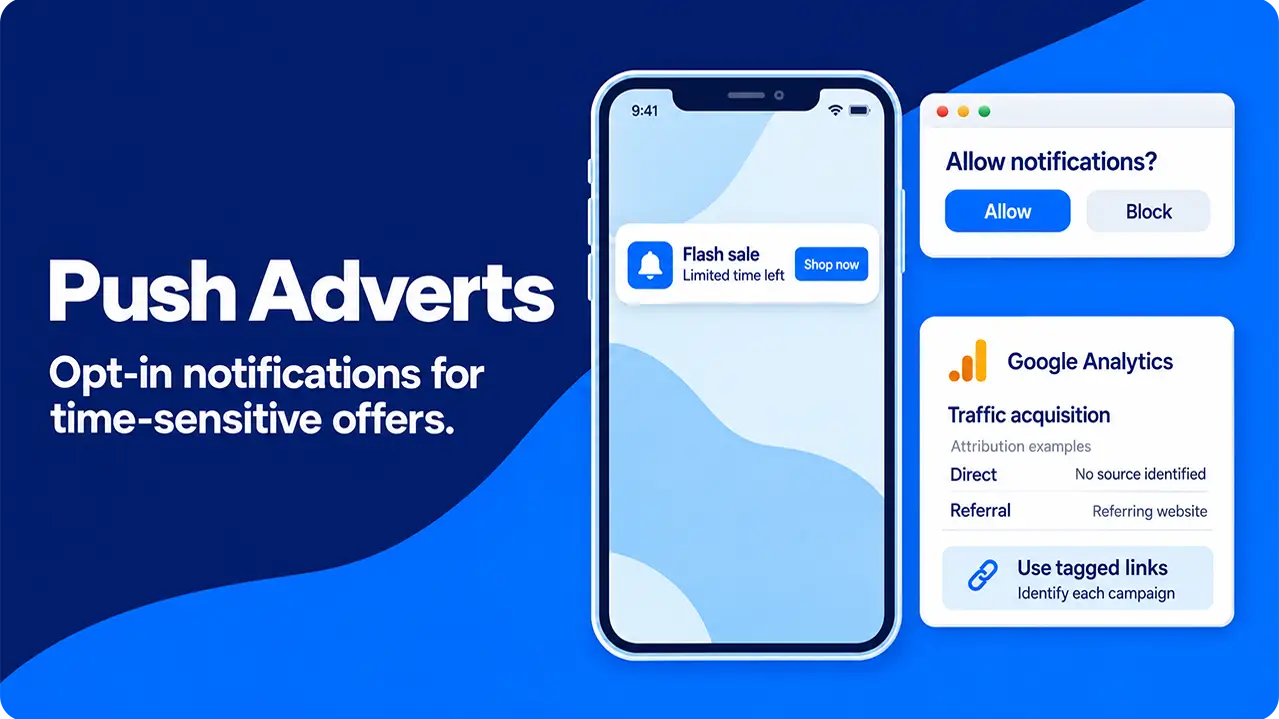 Push advertising with an opt-in flash sale notification on a smartphone and campaign tracking in Google Analytics.