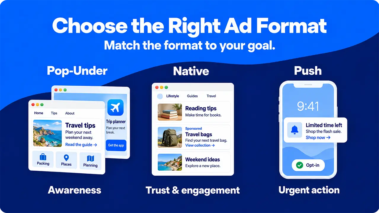 Pop-under, native and push advertising compared for brand awareness, audience engagement and time-sensitive offers.