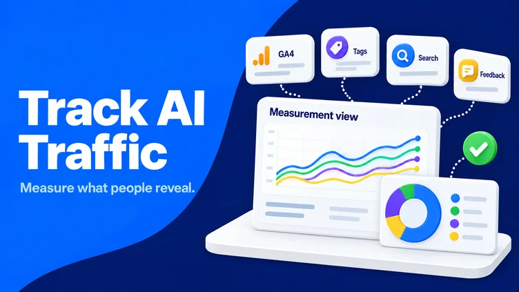 Glossy analytics cards connect GA4, tags, search visibility, and feedback on a blue and navy background.
