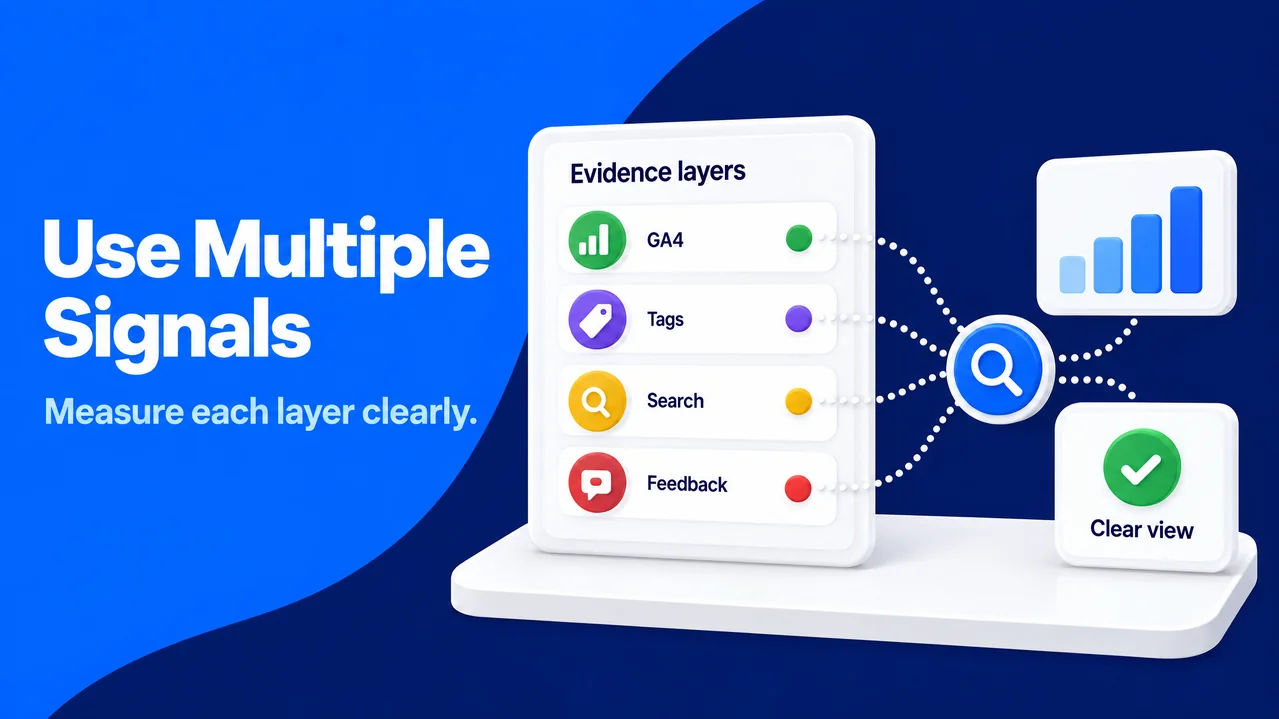 Four colorful evidence layers connect GA4, tags, search, and feedback within a polished analytics interface.