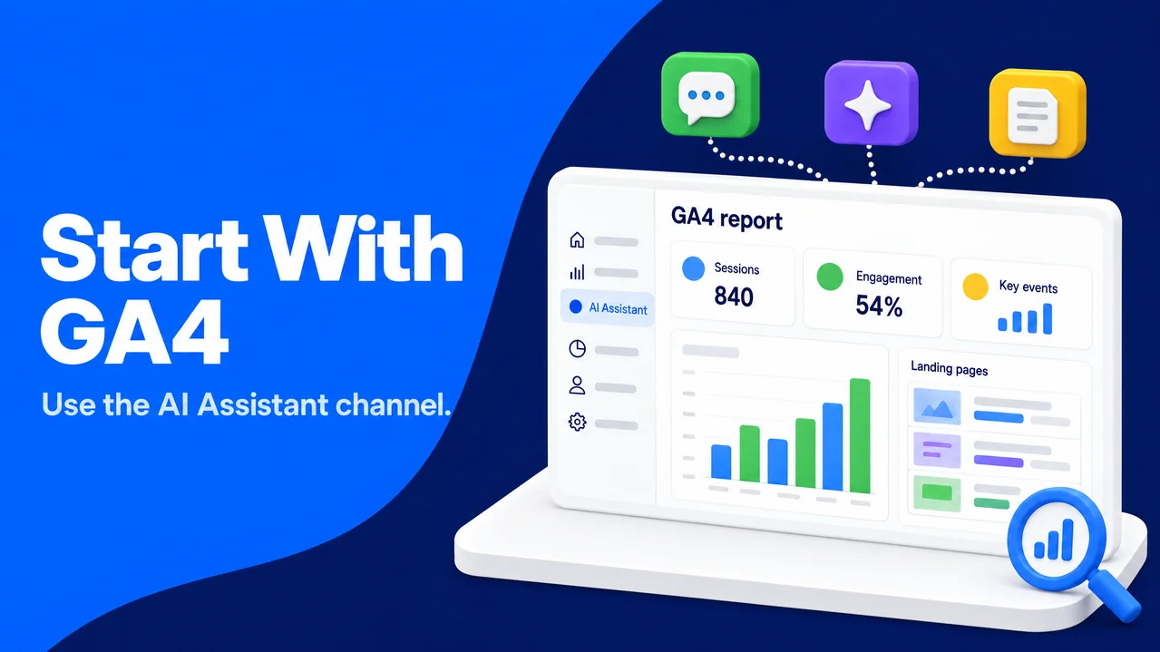 A GA4 report highlights the AI Assistant channel with session, engagement, event, and landing page metrics.