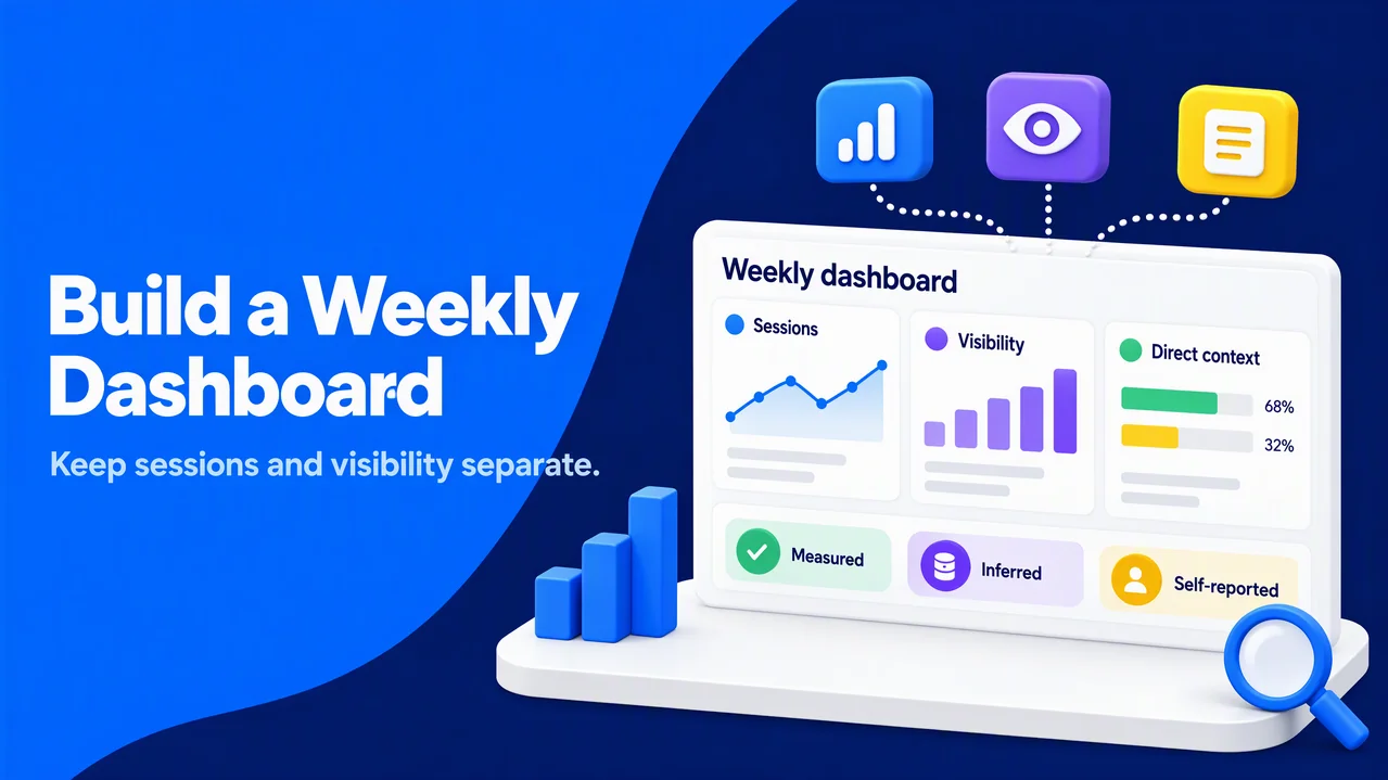 A weekly dashboard separates sessions, visibility, and direct context with measured, inferred, and self-reported status cards.