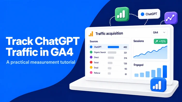 Analytics dashboard illustration showing ChatGPT traffic, source rows, engagement charts, and GA4 measurement insights.