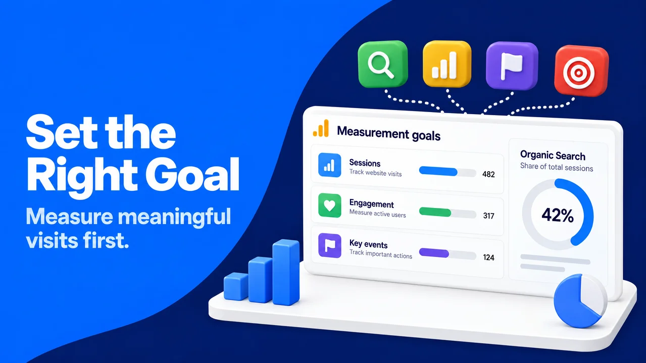 Goal-setting analytics panel showing sessions, engagement, key events, an Organic Search comparison, and a progress indicator.