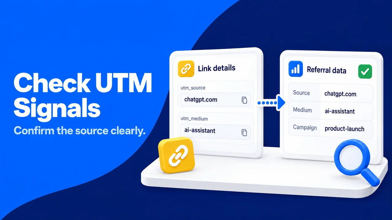 UTM parameter cards connect source and medium values with a referral data confirmation panel.