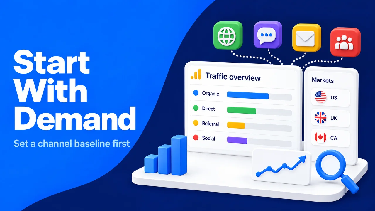 A traffic dashboard compares acquisition channels and market locations to establish a competitor demand baseline.