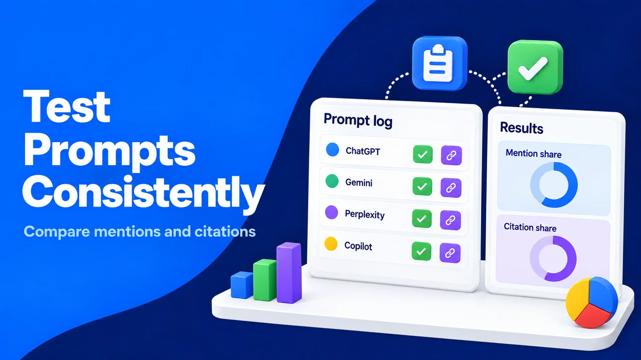 A prompt log compares mentions and citations across four assistants using repeatable testing.