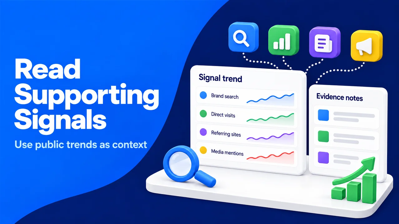 Trend cards show brand search, direct visits, referring sites, and media mentions as supporting evidence.