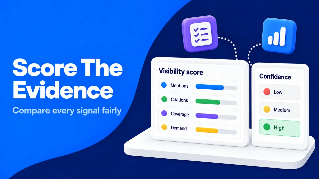 A visibility scorecard compares mentions, citations, coverage, and demand with clear confidence levels.